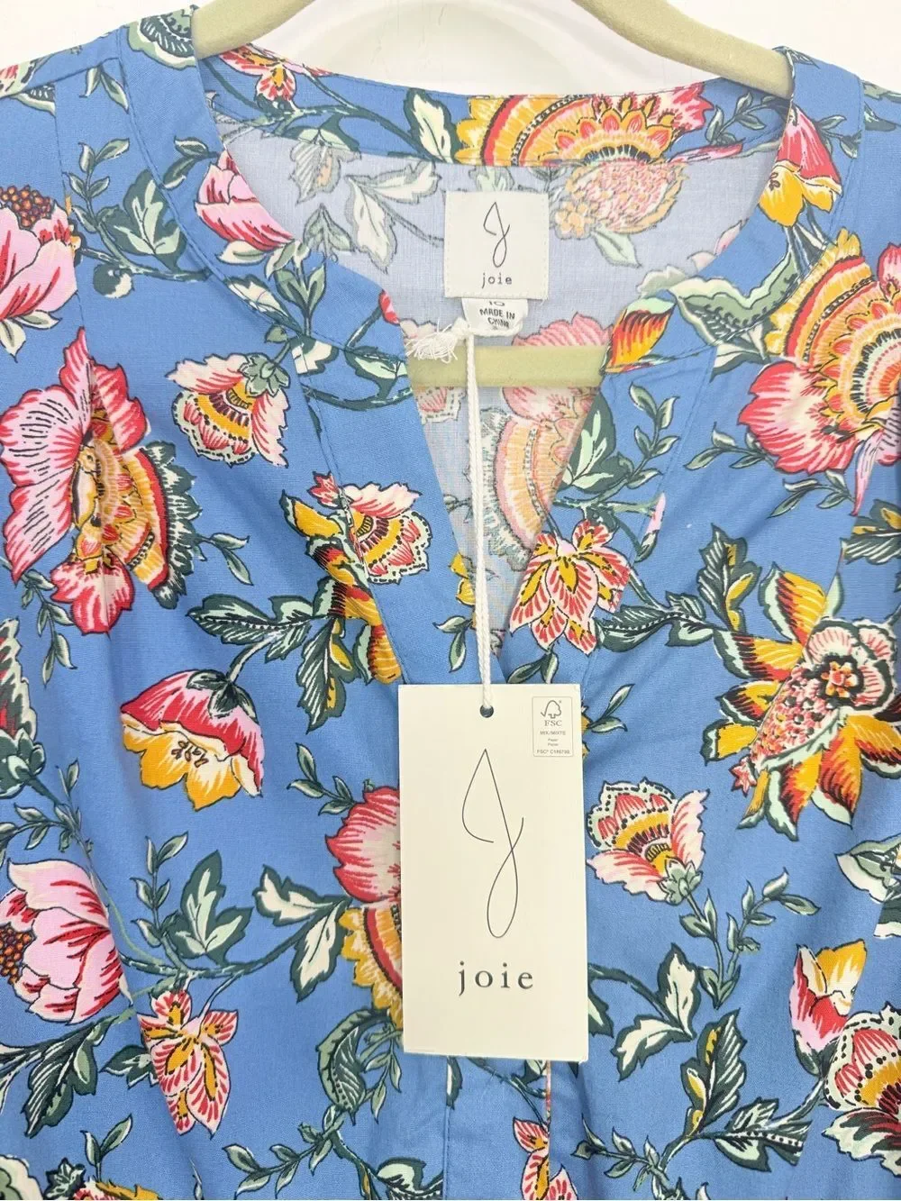 Joie Blue Pink Floral Print Complimentary Hem Puff Sleeve A Line Mini Dress NEW
